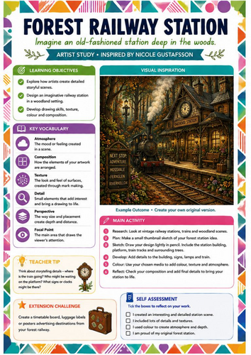 Forest Railway Station Art Worksheet | Nicole Gustafsson Inspired Fantasy Landscape | KS3 Art