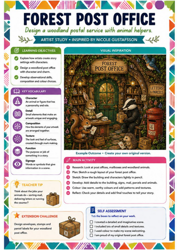 Forest Post Office Art Worksheet | Nicole Gustafsson Inspired Woodland Illustration | KS3 Art