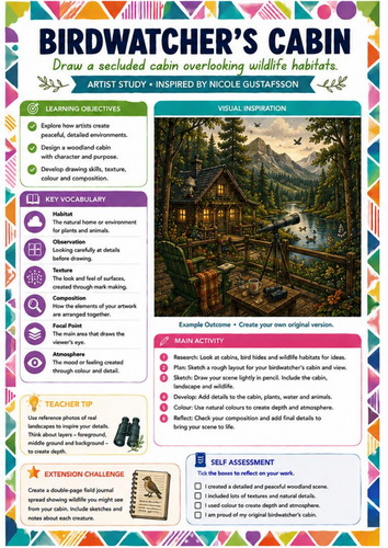 Birdwatcher's Cabin Art Worksheet | Nicole Gustafsson Inspired Woodland Landscape Drawing | KS3 Art