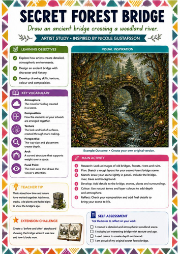 Secret Forest Bridge Art Worksheet | Nicole Gustafsson Inspired Woodland Landscape Drawing | KS3 Art