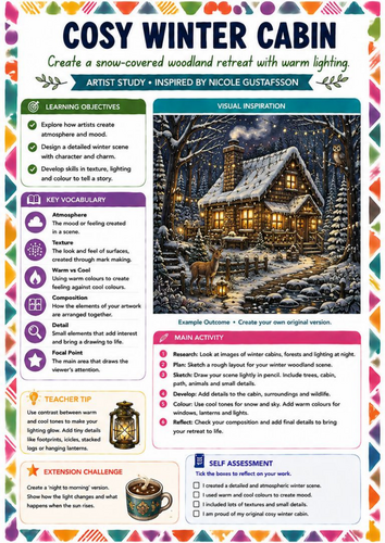 Cosy Winter Cabin Art Worksheet | Nicole Gustafsson Inspired Snowy Woodland Drawing | KS3 Art