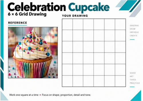 Celebration Cupcake Grid Drawing Worksheet | Food Art Observational Drawing | KS3 KS4