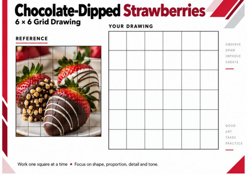 Chocolate-Dipped Strawberries Grid Drawing Worksheet | Realistic Food Drawing | KS3 KS4