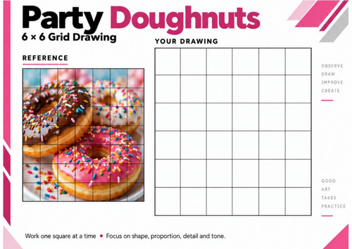 Party Doughnuts Grid Drawing Worksheet | 6x6 Food Observational Drawing | KS3 KS4 Art