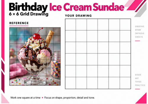 Birthday Ice Cream Sundae Grid Drawing Worksheet | Realistic Food Art | KS3 KS4