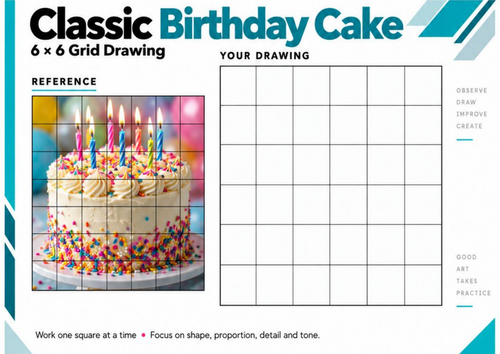 Classic Birthday Cake Grid Drawing Worksheet | 6x6 Observational Art Activity | KS3 KS4