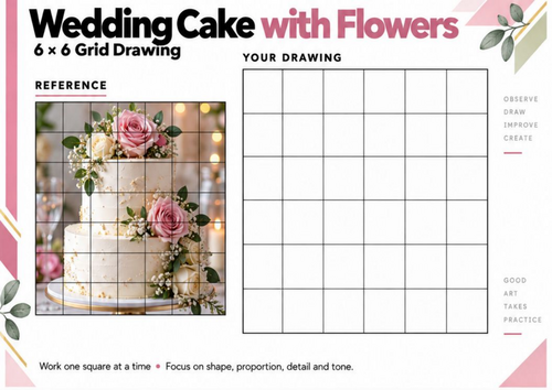 Wedding Cake with Flowers Grid Drawing Worksheet | Floral Food Still Life | KS3 KS4 Art