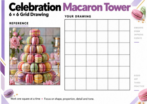 Celebration Macaron Tower Grid Drawing Worksheet | 6x6 Food Drawing | KS3 KS4