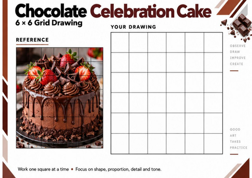 Chocolate Celebration Cake Grid Drawing Worksheet | Realistic Food Still Life | KS3 KS4