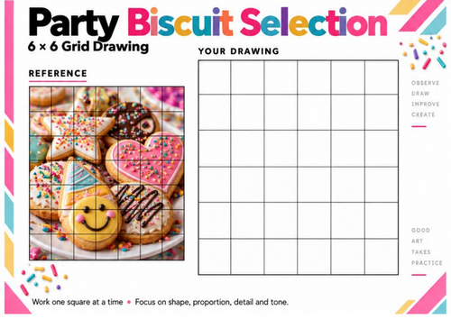 Party Biscuit Selection Grid Drawing Worksheet | Food Art Drawing Activity | KS3 KS4