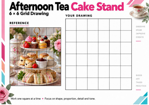 Afternoon Tea Cake Stand Grid Drawing Worksheet | Food Still Life Drawing | KS3 KS4