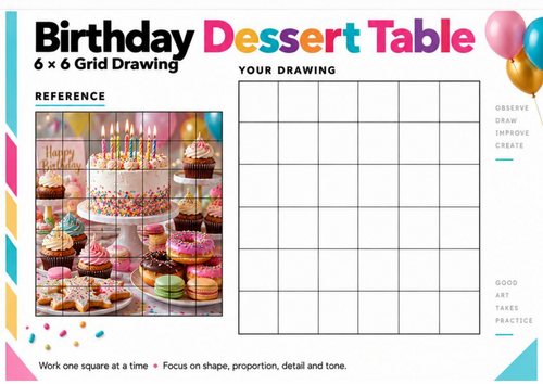 Birthday Dessert Table Grid Drawing Worksheet | Celebration Food Still Life | KS3 KS4