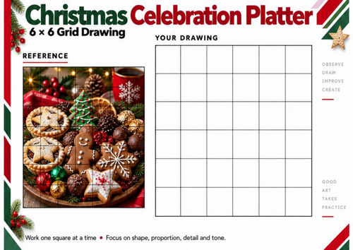 Christmas Celebration Platter Grid Drawing Worksheet | Festive Food Art | KS3 KS4