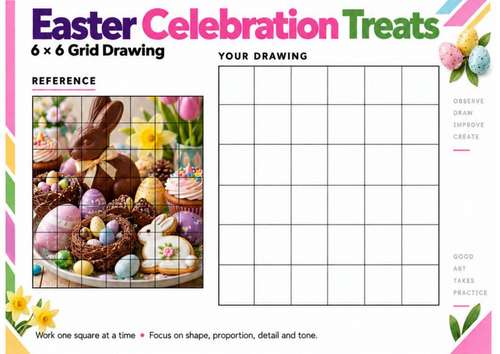 Easter Celebration Treats Grid Drawing Worksheet | Easter Food Art Activity | KS3 KS4