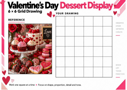 Valentine's Day Dessert Display Grid Drawing Worksheet | Food Art Activity | KS3 KS4