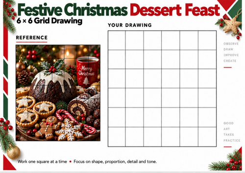 Festive Christmas Dessert Feast Grid Drawing Worksheet | Christmas Art Activity | KS3 KS4
