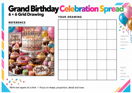 Grand Birthday Celebration Spread Grid Drawing Worksheet | Food Still Life | KS3 KS4 Art