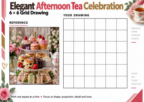 Elegant Afternoon Tea Celebration Grid Drawing Worksheet | Still Life Art | KS3 KS4