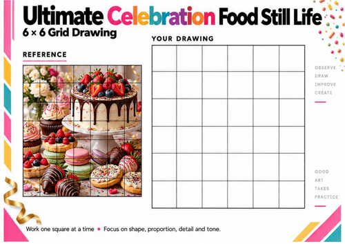 Ultimate Celebration Food Still Life Grid Drawing Worksheet | 6x6 Art Activity | KS3 KS4