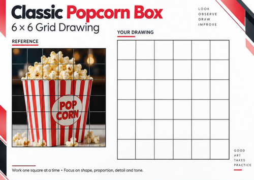 Classic Popcorn Box Grid Drawing Worksheet | Cinema Food Observational Drawing | KS3 KS4 Art