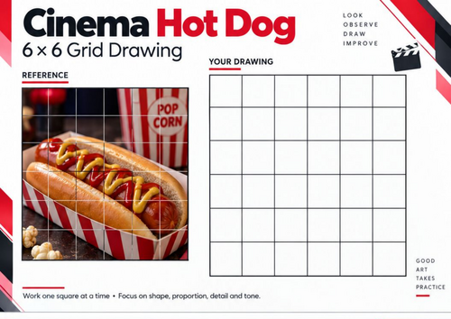 Cinema Hot Dog Grid Drawing Worksheet | Food Still Life Observational Drawing | KS3 KS4 Art