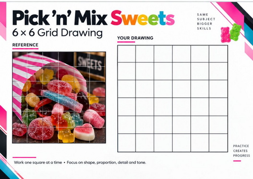 Pick n Mix Sweets Grid Drawing Worksheet | Colourful Food Observational Drawing | KS3 KS4 Art