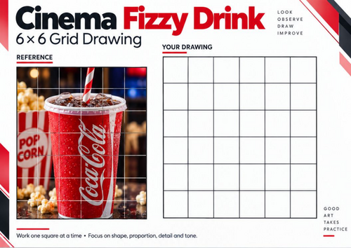 Cinema Fizzy Drink Grid Drawing Worksheet | Drinks Still Life Observational Drawing | KS3 KS4 Art