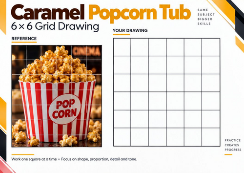 Caramel Popcorn Tub Grid Drawing Worksheet | Food Texture Observational Drawing | KS3 KS4 Art