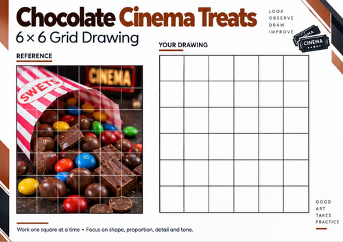 Chocolate Cinema Treats Grid Drawing Worksheet | Sweets and Chocolate Still Life | KS3 KS4 Art