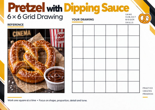 Pretzel with Dipping Sauce Grid Drawing Worksheet | Food Still Life Art Activity | KS3 KS4