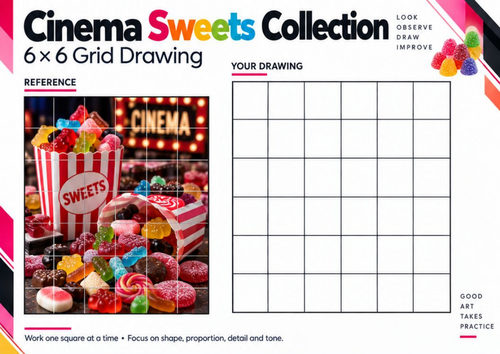 Cinema Sweets Collection Grid Drawing Worksheet | Colourful Sweets Still Life | KS3 KS4 Art