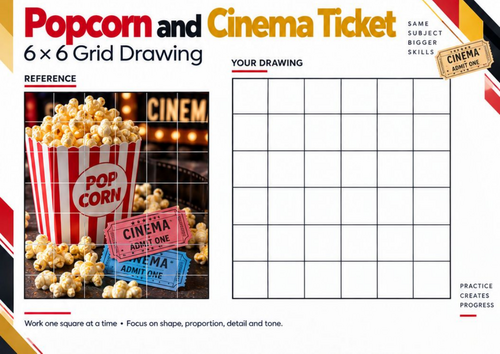 Popcorn and Cinema Ticket Grid Drawing Worksheet | Cinema Still Life Drawing | KS3 KS4 Art