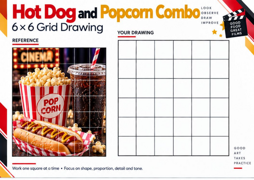 Hot Dog and Popcorn Combo Grid Drawing Worksheet | Cinema Food Still Life | KS3 KS4 Art