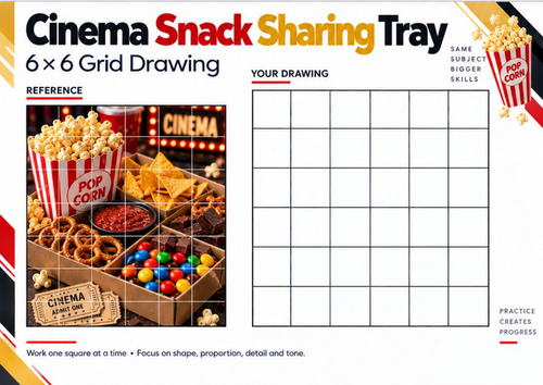 Cinema Snack Sharing Tray Grid Drawing Worksheet | Detailed Food Still Life | KS3 KS4 Art