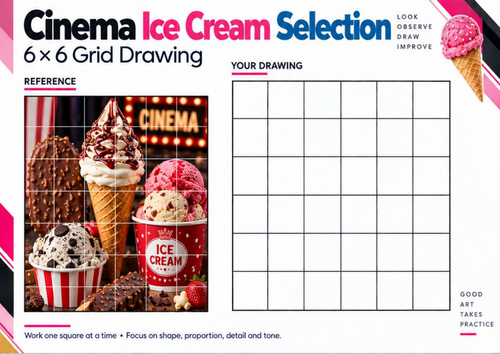 Cinema Ice Cream Selection Grid Drawing Worksheet | Frozen Desserts Still Life | KS3 KS4 Art