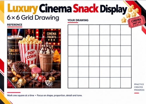 Luxury Cinema Snack Display Grid Drawing Worksheet | Food Still Life Drawing | KS3 KS4 Art