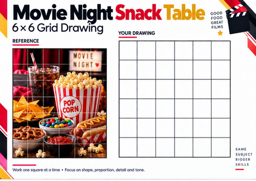 Movie Night Snack Table Grid Drawing Worksheet | Cinema Food Observational Drawing | KS3 KS4 Art