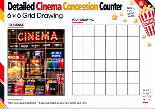 Cinema Concession Counter Grid Drawing Worksheet | Detailed Observational Drawing | KS3 KS4 Art