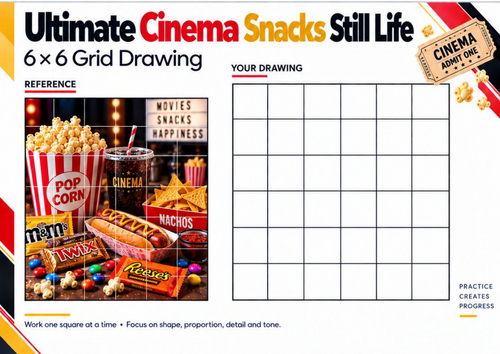 Ultimate Cinema Snacks Still Life Grid Drawing Worksheet | Food Photography Drawing | KS3 KS4 Art