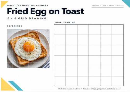 Fried Egg on Toast Grid Drawing Worksheet | Breakfast Food Observational Drawing | KS3 KS4 Art