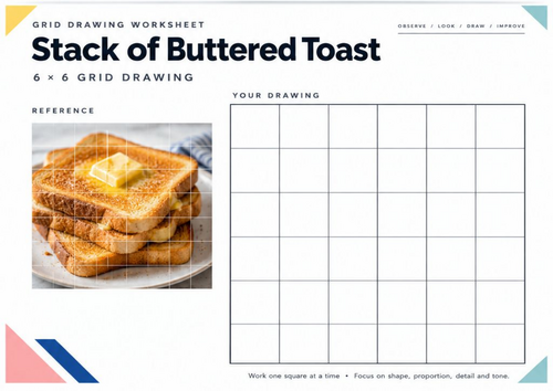 Stack of Buttered Toast Grid Drawing Worksheet | Food Texture Pencil Drawing | KS3 KS4 Art
