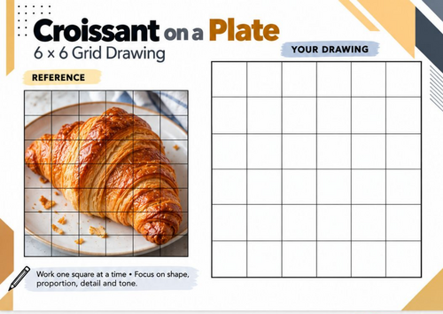 Croissant on a Plate Grid Drawing Worksheet | Pastry Texture Observational Drawing | KS3 KS4 Art