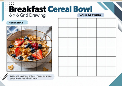 Breakfast Cereal Bowl Grid Drawing Worksheet | Fruit and Food Observational Art | KS3 KS4