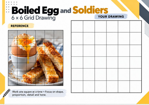 Boiled Egg and Soldiers Grid Drawing Worksheet | Breakfast Still Life Pencil Drawing | KS3 KS4