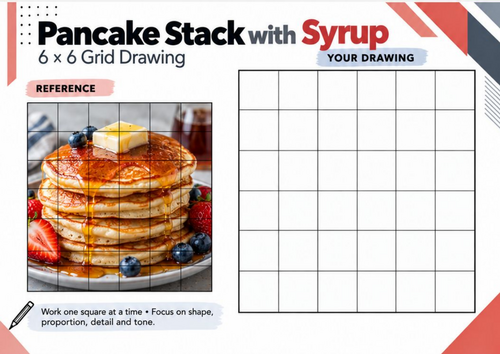 Pancake Stack with Syrup Grid Drawing Worksheet | Realistic Food Pencil Drawing | KS3 KS4 Art