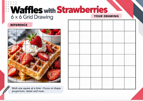 Waffles with Strawberries Grid Drawing Worksheet | Food Photography Observational Art | KS3 KS4