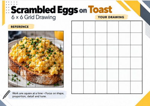Scrambled Eggs on Toast Grid Drawing Worksheet | Breakfast Food Pencil Drawing | KS3 KS4 Art