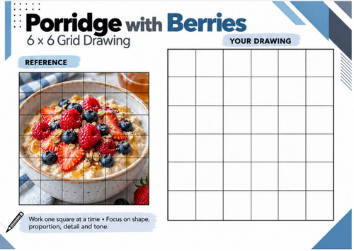 Porridge with Berries Grid Drawing Worksheet | Breakfast Still Life Observational Drawing | KS3 KS4