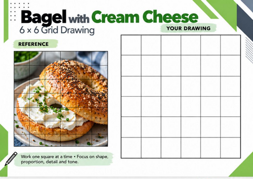 Bagel with Cream Cheese Grid Drawing Worksheet | Food Texture Observational Drawing | KS3 KS4