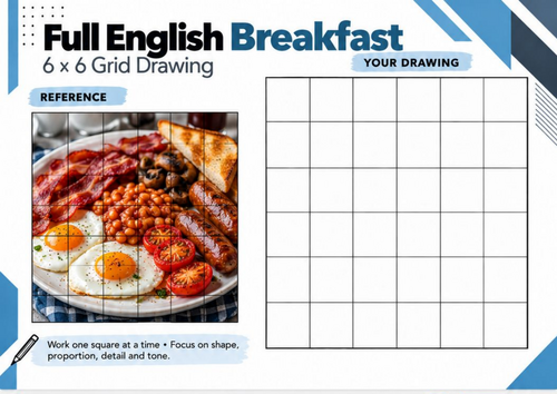 Full English Breakfast Grid Drawing Worksheet | Detailed Food Still Life Drawing | KS3 KS4 Art